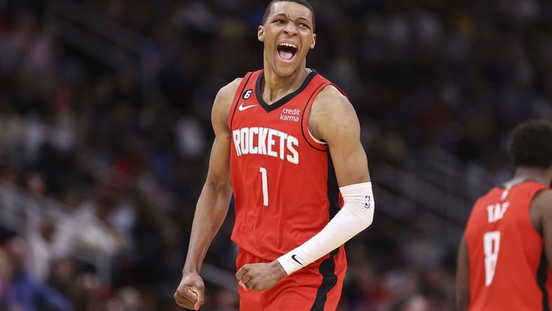 Mar 15, 2023; Houston, Texas, USA; Houston Rockets forward Jabari Smith Jr. (1) celebrates after scoring a basket during the fourth quarter against the Los Angeles Lakers at Toyota Center. Mandatory Credit: Troy Taormina-USA TODAY Sports