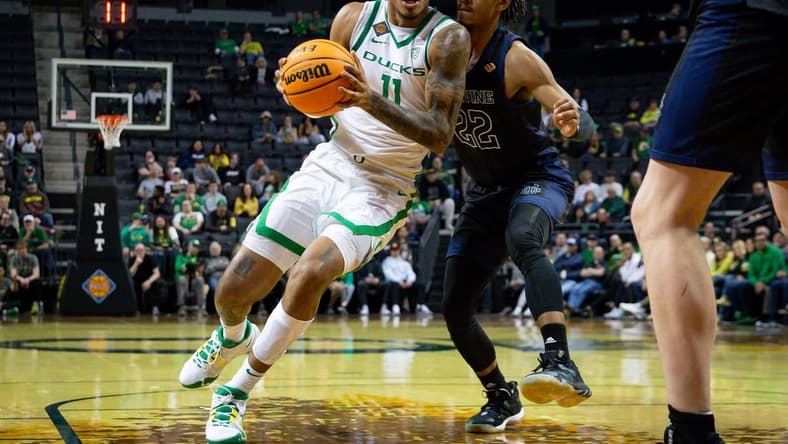 Oregon guard Rivaldo Soares drives toward the basket as the Oregon Ducks take on UC Irvine in their NIT opener Wednesday, March 15, 2023, at Matthew Knight Arena in Eugene, Ore.

Ncaa Basketball Oregon Men S Basketball Nit Opener Uc Irvine At Oregon