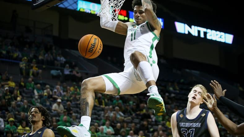 Oregon guard Rivaldo Soares dunks during the second half as the Oregon Ducks take on UC Irvine in their NIT opener Wednesday, March 15, 2023, at Matthew Knight Arena in Eugene, Ore.
Ncaa Basketball Oregon Men S Basketball Nit Opener Uc Irvine At Oregon