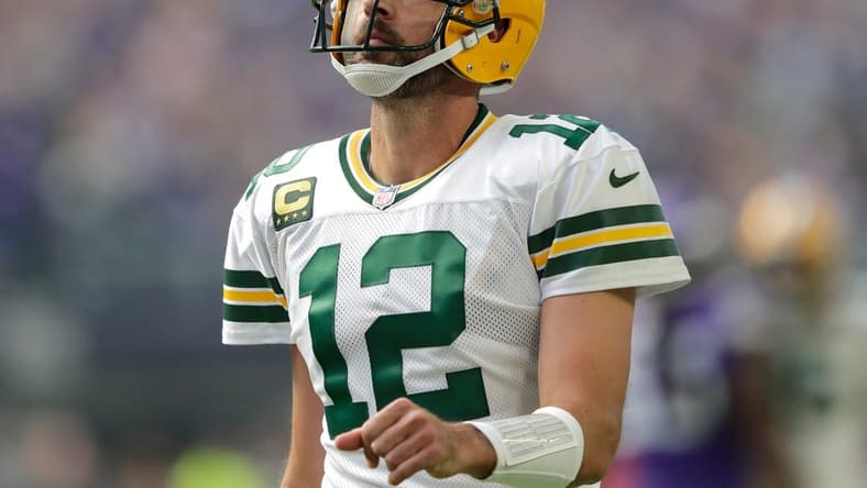 Green Bay Packers quarterback Aaron Rodgers (12) reacts after wide receiver Christian Watson (9) dropped a wide open long pass against the Minnesota Vikings on the first play from scrimmage during their football game Sunday, September 11, 2022, at U.S. Bank Stadium in Minneapolis, Min.

Mjs Apc Packvsvikings 0911220140djp 114193024