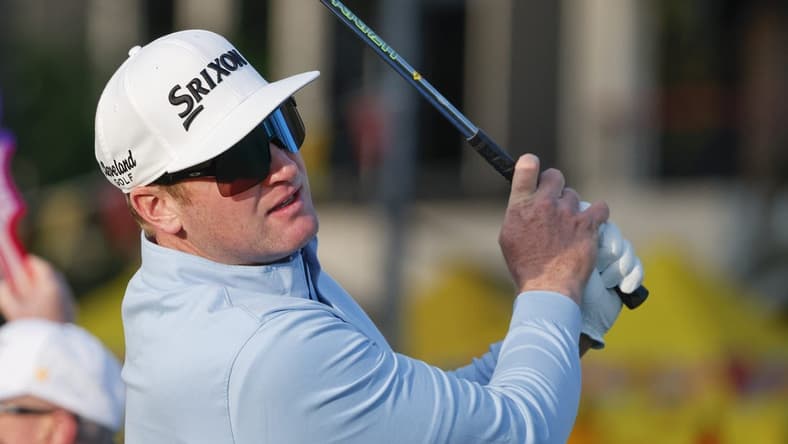 Mar 16, 2023; Palm Harbor, Florida, USA; Ryan Brehm plays his shot from the first tee during the first round of the Valspar Championship golf tournament. Mandatory Credit: Reinhold Matay-USA TODAY Sports