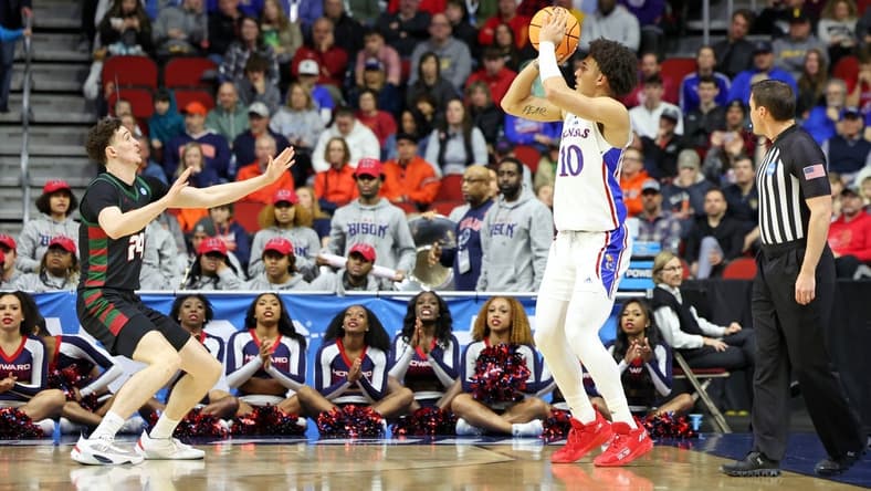 Mar 16, 2023; Des Moines, IA, USA; Kansas Jayhawks forward Jalen Wilson (10) shoots the ball against the Howard Bison during the first half at Wells Fargo Arena. Mandatory Credit: Reese Strickland-USA TODAY Sports