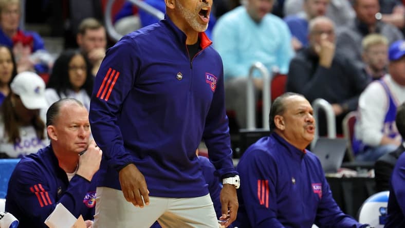 Mar 16, 2023; Des Moines, IA, USA; Kansas Jayhawks head coach Bill Self reacts after a play against the Howard Bison during the first half at Wells Fargo Arena. Mandatory Credit: Reese Strickland-USA TODAY Sports