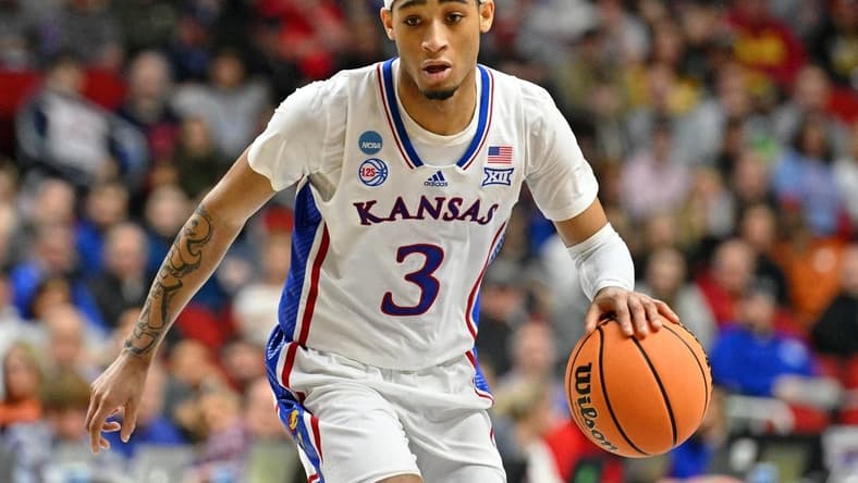Mar 16, 2023; Des Moines, IA, USA; Kansas Jayhawks guard Dajuan Harris Jr. (3) dribbles the ball against the Howard Bison during the first half at Wells Fargo Arena. Mandatory Credit: Jeffrey Becker-USA TODAY Sports
