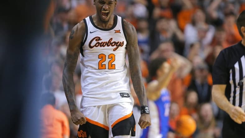 Oklahoma State Cowboys forward Kalib Boone (22) celebrates during a men's college basketball game between the Oklahoma State University Cowboys and the Kansas Jayhawks at Gallagher-Iba Arena in Stillwater, Okla., Wednesday, Feb. 15, 2023.
osu mbb