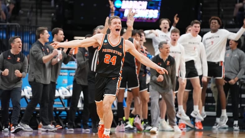 Mar 16, 2023; Sacramento, CA, USA; Princeton Tigers guard Blake Peters (24) reacts after scoring a basket against the Arizona Wildcats during the second half at Golden 1 Center. Mandatory Credit: Kyle Terada-USA TODAY Sports
