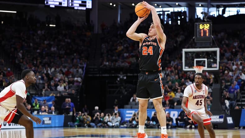 Mar 16, 2023; Sacramento, CA, USA; Princeton Tigers guard Blake Peters (24) shoots a three point basket against the Arizona Wildcats during the second half at Golden 1 Center. Mandatory Credit: Kelley L Cox-USA TODAY Sports