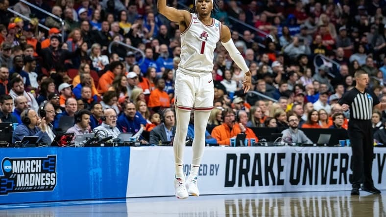 Arkansas' Ricky Council IV celebrates making a three-pointer during the NCAA men's basketball tournament first round match-up between Illinois and Arkansas, on Thursday, March 16, 2023, at Wells Fargo Arena, in Des Moines, Iowa.
0316 Illinos Arkansas 010 Arw
