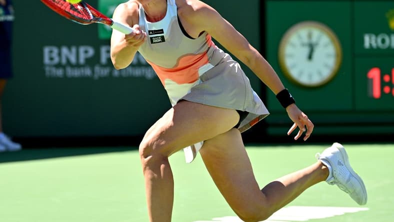 Mar 16, 2023; Indian Wells, CA, USA;  Elena Rybakina (KAZ) hits a shot in her quarterfinal match as she defeated Karolina Muchova (CZE) in the BNP Paribas Open at the Indian Wells Tennis Garden. Mandatory Credit: Jayne Kamin-Oncea-USA TODAY Sports