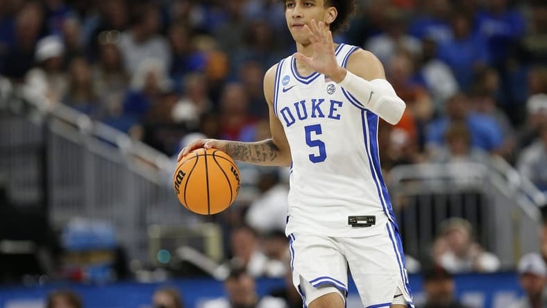 Mar 16, 2023; Orlando, FL, USA; Duke Blue Devils guard Tyrese Proctor (5) dribbles the ball during the second half against the Oral Roberts Golden Eagles at Amway Center. Mandatory Credit: Russell Lansford-USA TODAY Sports