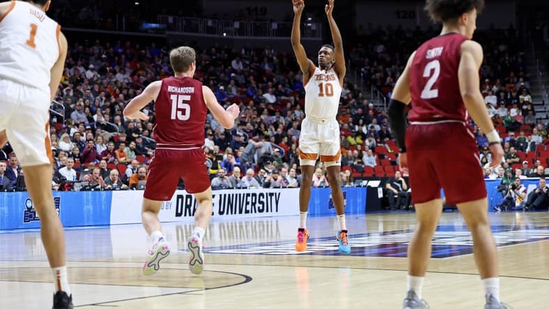 Mar 16, 2023; Des Moines, IA, USA; Texas Longhorns guard Sir'Jabari Rice (10) shoots the ball against the Colgate Raiders during the first half at Wells Fargo Arena. Mandatory Credit: Reese Strickland-USA TODAY Sports