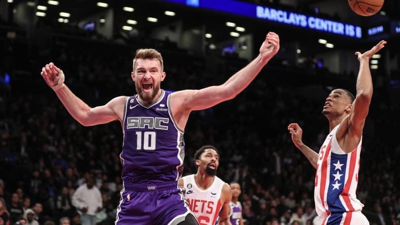 Mar 16, 2023; Brooklyn, New York, USA;  Sacramento Kings forward Domantas Sabonis (10) reacts after loosing the ball in the second quarter against the Brooklyn Nets at Barclays Center. Mandatory Credit: Wendell Cruz-USA TODAY Sports