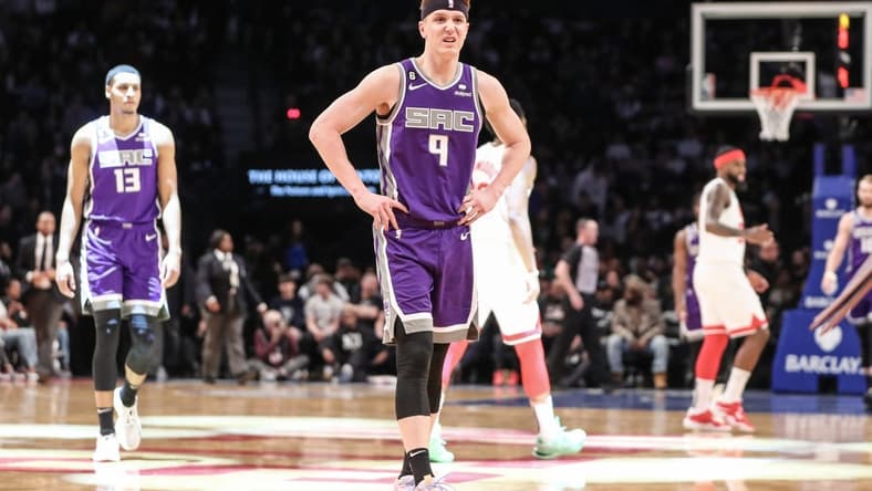 Mar 16, 2023; Brooklyn, New York, USA;  Sacramento Kings guard Kevin Huerter (9) walks off the court after getting injured in the first quarter against the Brooklyn Nets at Barclays Center. Mandatory Credit: Wendell Cruz-USA TODAY Sports