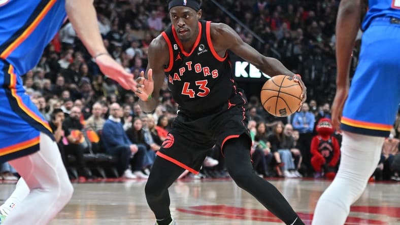 Mar 16, 2023; Toronto, Ontario, CAN; Toronto Raptors forward Pascal Siakam (43) controls the ball against the Oklahoma City Thunder in the second half at Scotiabank Arena. Mandatory Credit: Dan Hamilton-USA TODAY Sports