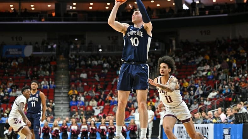 Mar 16, 2023; Des Moines, IA, USA; Penn State Nittany Lions guard Andrew Funk (10) shoots the ball against the Texas A&M Aggies during the first half at Wells Fargo Arena. Mandatory Credit: Jeffrey Becker-USA TODAY Sports