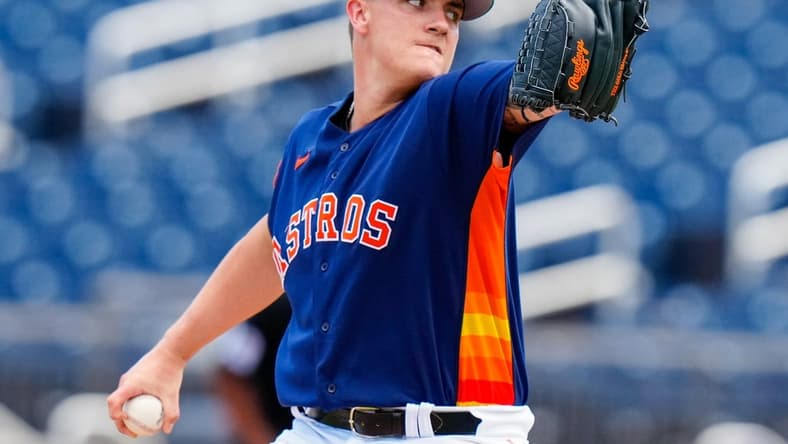 SEE YOU SOON: Astros starting pitcher Hunter Brown (58) is the top prospect in the Houston farm system. Mandatory Credit: Rich Storry-USA TODAY Sports