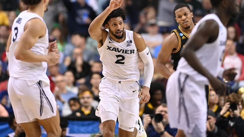 Mar 17, 2023; Greensboro, NC, USA; Xavier Musketeers forward Jerome Hunter (2) gestures during the second half against the Kennesaw State Owls at Greensboro Coliseum. Mandatory Credit: Bob Donnan-USA TODAY Sports