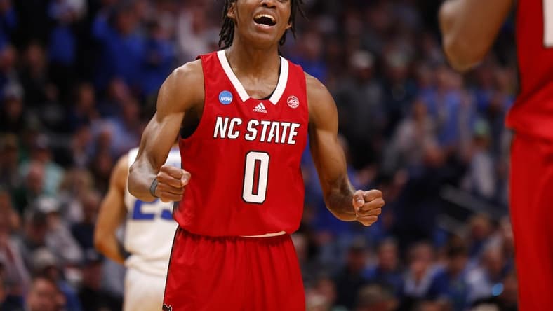 Mar 17, 2023; Denver, CO, USA; North Carolina State Wolfpack guard Terquavion Smith (0) reacts to the game against Creighton Bluejays during the second half in the first round of the 2023 NCAA men s basketball tournament at Ball Arena. Mandatory Credit: Michael Ciaglo-USA TODAY Sports