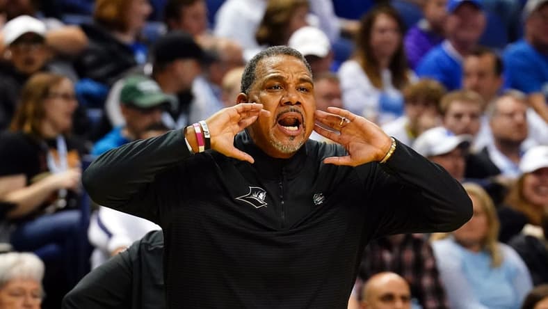 Mar 17, 2023; Greensboro, NC, USA; Providence Friars head coach Ed Cooley reacts in the first half against the Kentucky Wildcats at Greensboro Coliseum. Mandatory Credit: John David Mercer-USA TODAY Sports