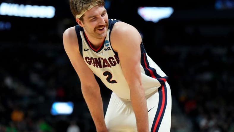 Mar 17, 2023; Denver, CO, USA; Gonzaga Bulldogs forward Drew Timme (2) reacts after a play during the first half against the Grand Canyon Antelopes at Ball Arena. Mandatory Credit: Ron Chenoy-USA TODAY Sports