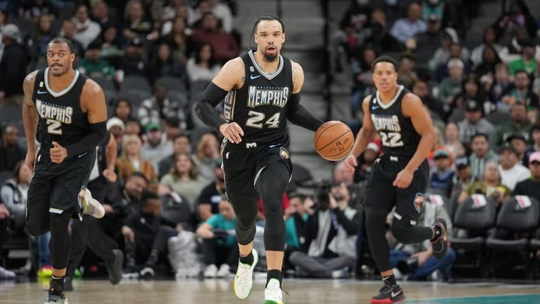 Mar 17, 2023; San Antonio, Texas, USA; Memphis Grizzlies forward Dillon Brooks (24) brings the ball up the court in the first half against the San Antonio Spurs at the AT&T Center. Mandatory Credit: Daniel Dunn-USA TODAY Sports