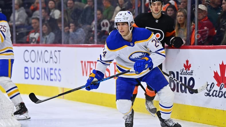 Mar 17, 2023; Philadelphia, Pennsylvania, USA; Buffalo Sabres center Dylan Cozens (24) in action against the Philadelphia Flyers in the third period at Wells Fargo Center. Mandatory Credit: Kyle Ross-USA TODAY Sports