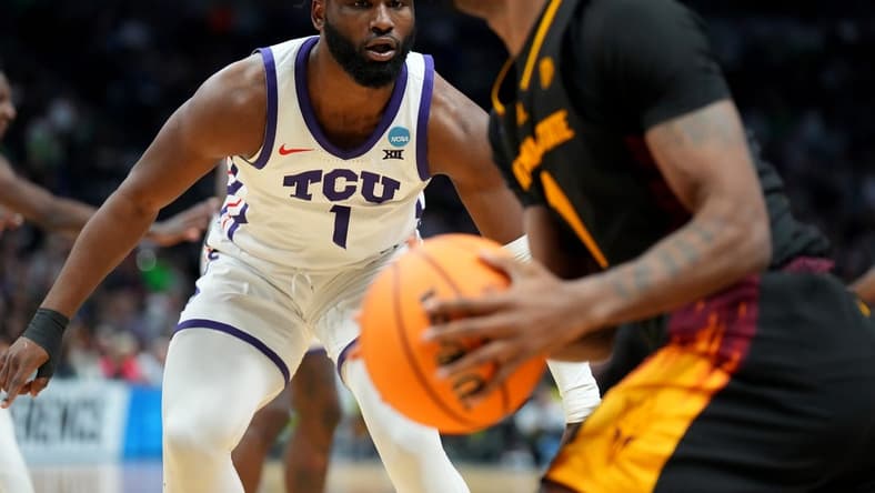 Mar 17, 2023; Denver, CO, USA; TCU Horned Frogs guard Mike Miles Jr. (1) defends during the first half against the Arizona State Sun Devils at Ball Arena. Mandatory Credit: Ron Chenoy-USA TODAY Sports