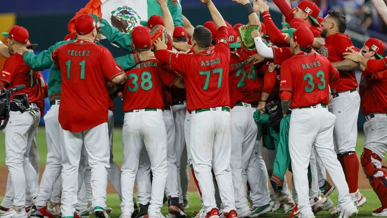 Mar 17, 2023; Miami, Florida, USA; Mexico players celebrate after winning the game against Puerto Rico at LoanDepot Park. Mandatory Credit: Sam Navarro-USA TODAY Sports
