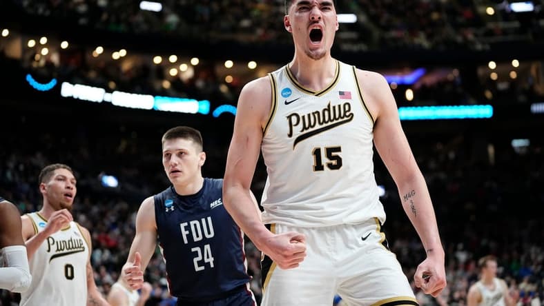Mar 17, 2023; Columbus, Ohio, USA; Purdue Boilermakers center Zach Edey (15) celebrates making a basket during the first round of the NCAA men s basketball tournament against the Fairleigh Dickinson Knights at Nationwide Arena. Mandatory Credit: Adam Cairns-The Columbus Dispatch
Basketball Ncaa Men S Basketball Tournament