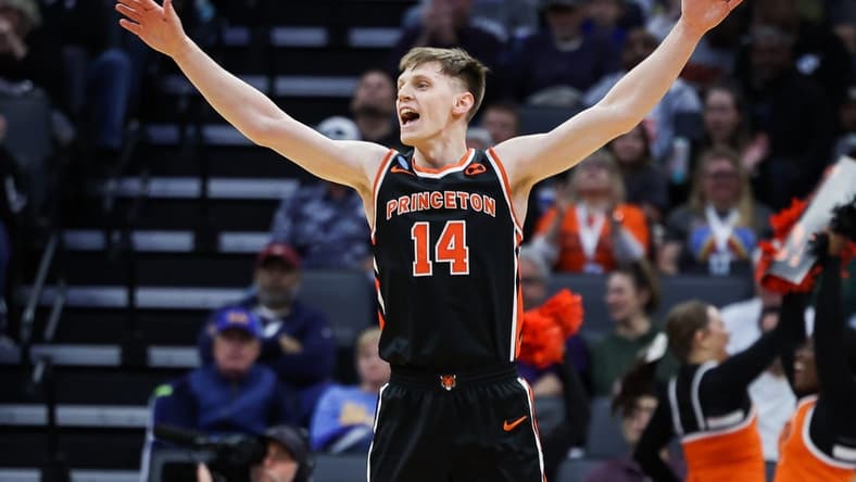 Mar 18, 2023; Sacramento, CA, USA; Princeton Tigers guard Matt Allocco (14) reacts during the first half against the Missouri Tigers at Golden 1 Center. Mandatory Credit: Kelley L Cox-USA TODAY Sports