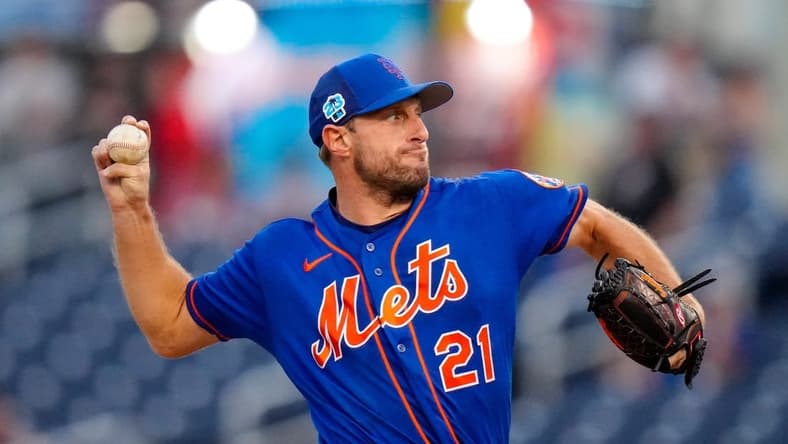Mar 18, 2023; West Palm Beach, Florida, USA; New York Mets starting pitcher Max Scherzer (21) throws a pitch against the Houston Astros during the first inning at The Ballpark of the Palm Beaches. Mandatory Credit: Rich Storry-USA TODAY Sports