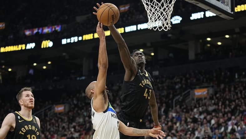 Mar 18, 2023; Toronto, Ontario, CAN; Toronto Raptors forward Pascal Siakam (43) blocks a shot by Minnesota Timberwolves guard Jordan McLaughlin (6) during the first half at Scotiabank Arena. Mandatory Credit: John E. Sokolowski-USA TODAY Sports