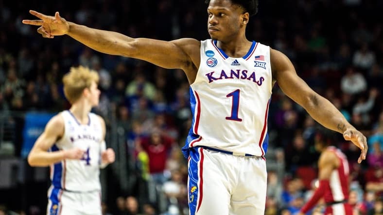 Kansas guard Joseph Yesufu celebrates a 3-pointer during an NCAA men  s basketball tournament second round basketball game on Saturday, March 18, 2023, at Wells Fargo Arena, in Des Moines, Iowa.