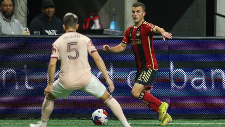 Mar 18, 2023; Atlanta, Georgia, USA; Portland Timbers starting eleven stand with youth players during the Nation Anthem prior to the match against the Atlanta United at Mercedes-Benz Stadium. Mandatory Credit: Brett Davis-USA TODAY Sports