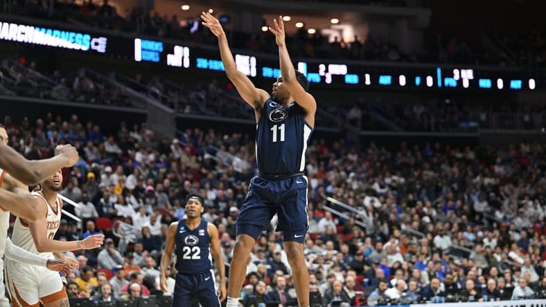 Mar 18, 2023; Des Moines, IA, USA; Penn State Nittany Lions guard Seth Lundy (1) shoots the ball against the Texas Longhorns during the first half at Wells Fargo Arena. Mandatory Credit: Jeffrey Becker-USA TODAY Sports