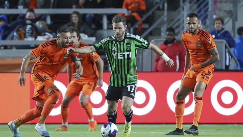 Mar 18, 2023; Houston, Texas, USA; Austin FC forward Jon Gallagher (17) controls the ball during the first half against the Houston Dynamo FC at Shell Energy Stadium. Mandatory Credit: Troy Taormina-USA TODAY Sports