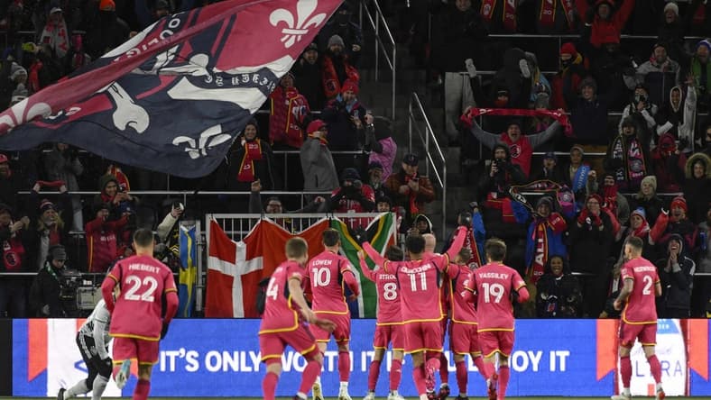 Mar 18, 2023; St. Louis, Missouri, USA; St. Louis City SC celebrate a goal from St. Louis City SC forward Klauss (9) against the San Jose Earthquakes during the first half at CITYPARK. Mandatory Credit: Jeff Le-USA TODAY Sports