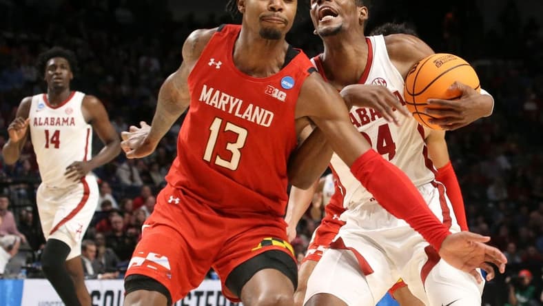 Mar 18, 2023; Birmingham, AL, USA; Alabama forward Brandon Miller (24) slips past Maryland guard Hakim Hart (13) on a drive to the basket at Legacy Arena during the second round of the NCAA Tournament. Mandatory Credit: Gary Cosby Jr.-Tuscaloosa News
Ncaa Basketball March Madness Alabama Vs Maryland