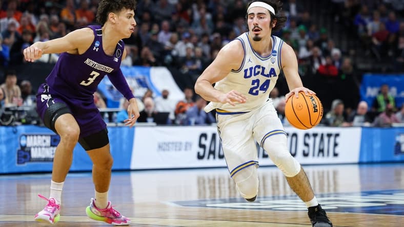 Mar 18, 2023; Sacramento, CA, USA; UCLA Bruins guard Jaime Jaquez Jr. (24) drives to the basket while defended by Northwestern Wildcats guard Ty Berry (3) during the first half at Golden 1 Center. Mandatory Credit: Kelley L Cox-USA TODAY Sports