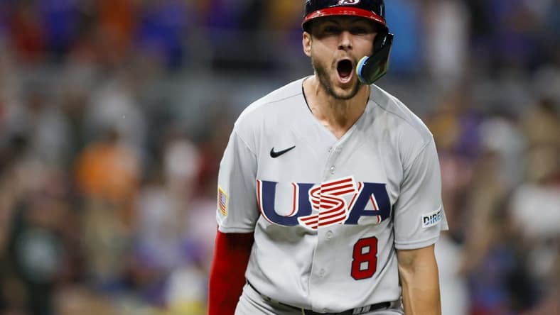 Mar 18, 2023; Miami, Florida, USA; USA shortstop Trea Turner (8) reacts after hitting a grand slam during the eighth inning against Venezuela at LoanDepot Park. Mandatory Credit: Sam Navarro-USA TODAY Sports