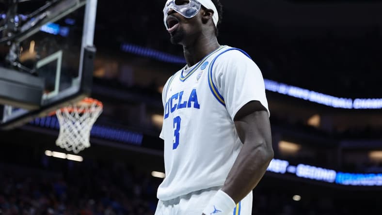 Mar 18, 2023; Sacramento, CA, USA; UCLA Bruins forward Adem Bona (3) reacts during the second half against the Northwestern Wildcats at Golden 1 Center. Mandatory Credit: Kelley L Cox-USA TODAY Sports
