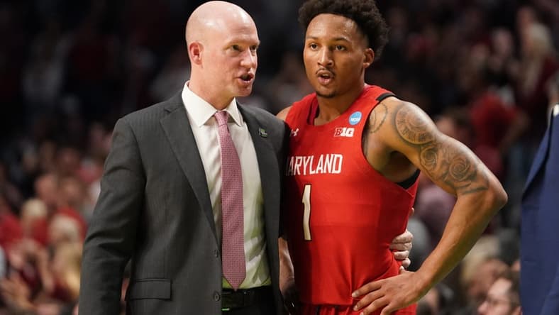 Mar 18, 2023; Birmingham, AL, USA; Maryland Terrapins head coach Kevin Willard talks to guard Jahmir Young (1) during the second half at Legacy Arena. Mandatory Credit: Marvin Gentry-USA TODAY Sports