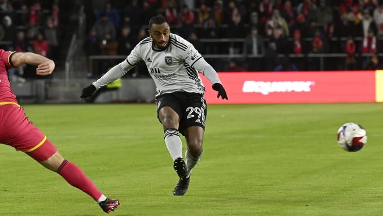 Mar 18, 2023; St. Louis, Missouri, USA; San Jose Earthquakes defender Carlos Akapo (29) shoots the ball against the St. Louis City SC during the first half at CITYPARK. Mandatory Credit: Jeff Le-USA TODAY Sports