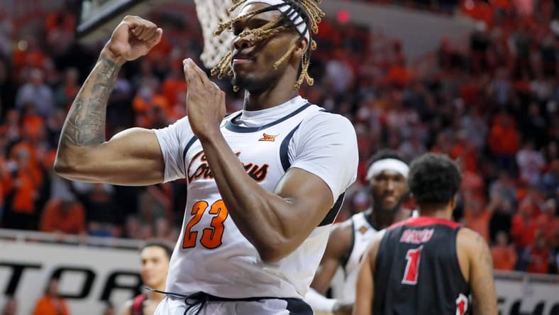 Oklahoma State Cowboys forward Tyreek Smith (23) celebrates after drawing a foul and making a basket during a college basketball game between the Oklahoma State Cowboys (OSU) and the Eastern Washington Eagles in the second round of the NIT at Gallagher-Iba Arena in Stillwater, Okla., Sunday, March 19, 2023.
Osu Nit