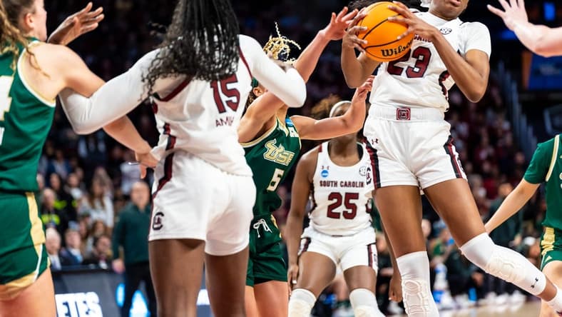 Mar 19, 2023; Columbia, SC, USA; South Carolina Gamecocks guard Bree Hall (23) grabs a rebound against the South Florida Bulls in the second half of South Carolina Gamecocks 76-45 victory at Colonial Life Arena, advancing them to the Sweet 16. Mandatory Credit: Jeff Blake-USA TODAY Sports