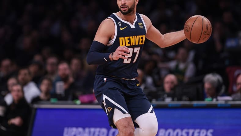 Mar 19, 2023; Brooklyn, New York, USA; Denver Nuggets guard Jamal Murray (27) dribbles during the first half against the Brooklyn Nets at Barclays Center. Mandatory Credit: Vincent Carchietta-USA TODAY Sports