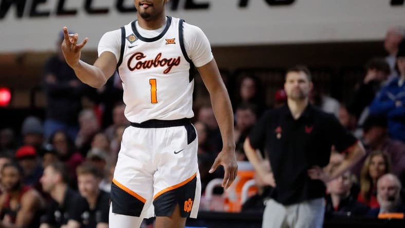 Oklahoma State Cowboys guard Bryce Thompson (1) celebrates after making a 3-pointer during a college basketball game between the Oklahoma State Cowboys (OSU) and the Eastern Washington Eagles in the second round of the NIT at Gallagher-Iba Arena in Stillwater, Okla., Sunday, March 19, 2023. Oklahoma State won 71-60.
osuhoops -- cover