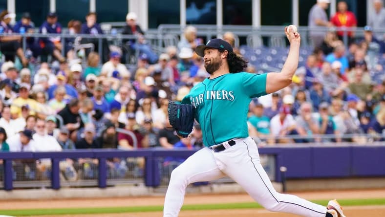 Mar 19, 2023; Peoria, Arizona, USA;  Seattle Mariners pitcher Robbie Ray (38) on the mound in the fifth inning during a spring training game against the Chicago White Sox at Peoria Sports Complex. Mandatory Credit: Allan Henry-USA TODAY Sports