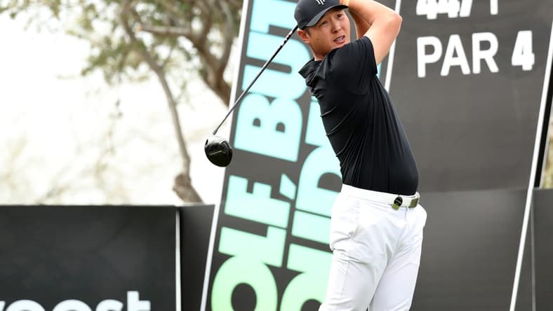 Mar 19, 2023; Tucson, Arizona, USA; Danny Lee hits from the 18th tee during the final round of the LIV Golf event at The Gallery Golf Club. Mandatory Credit: Zachary BonDurant-USA TODAY Sports