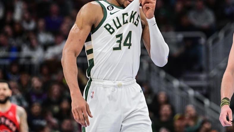 Mar 19, 2023; Milwaukee, Wisconsin, USA; Milwaukee Bucks forward Giannis Antetokounmpo (34) reacts in the fourth quarter against the Toronto Raptors at Fiserv Forum. Mandatory Credit: Benny Sieu-USA TODAY Sports